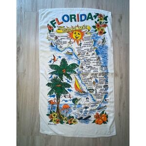 Vintage SHERRY Florida Beach Towel Souvenir State Map White 29x51" Miami